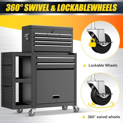 8-Drawer Rolling Tool Chest with Wheels, Lockable 3-in-1 Tool Box, Detachable Top Toolbox & Bottom Storage Cart with Side Hooks, Heavy Duty Steel Tool Cabinet for Garage, Workshop, Warehouse