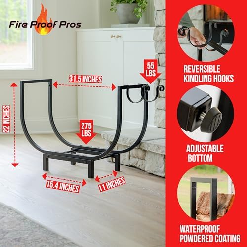 FireProof Pros 32 Inch Curved Firewood Rack, Black
