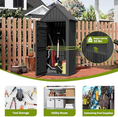 Outdoor Storage Shed, Waterproof Storage Cabinet with Ample Space, Sturdy Resin with Lockable Door and Sloping Roof, Multiple Hooks for Backyard, Garden, Patio & Lawn, Black