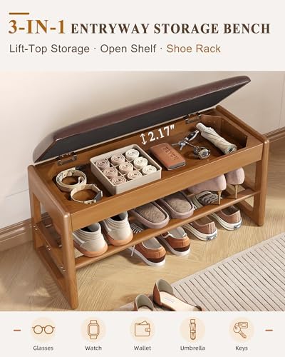 Shoe Rack Bench with Hidden Storage, 2‑Tier Solid Rubberwood Entryway Bench
