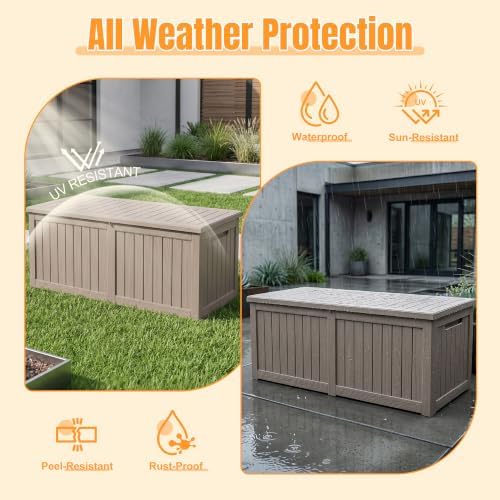 Outdoor Storage Box, 370 Gallon Waterproof Resin Deck Box with Support Rod