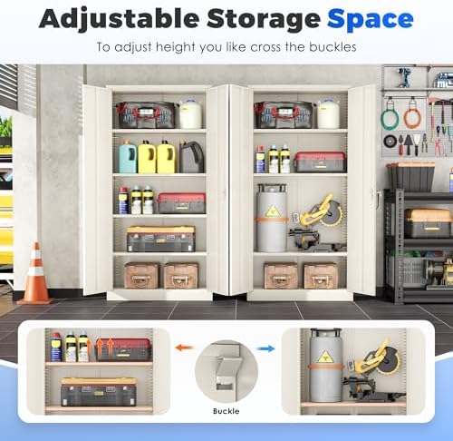 INTERGREAT Metal Garage Storage Cabinet with Lock, 72" Storage Cabinet with Locking Doors and 4 Adjustable Shelves, Lockable Steel Tool Cabinet for Home Office, School, Cream Grey