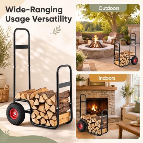Goplus Firewood Cart with Wheels, Outdoor Indoor Rolling Fire Wood Log Cart with Pneumatic Rubber Tiers, 220 LBS Load Capacity Heavy Duty Steel Wood Storage Hauler, Log Holder Rack for Fireplace