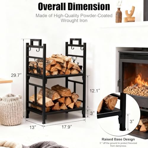 Outvita 2 Tier Firewood Log Rack, Iron Lumber Storage Holder, Wood Pile Stacker Organizer for Indoor Outdoor Fireplace Stove Pit with 4 Fire Tools Hanging Hooks Christmas Elements Black