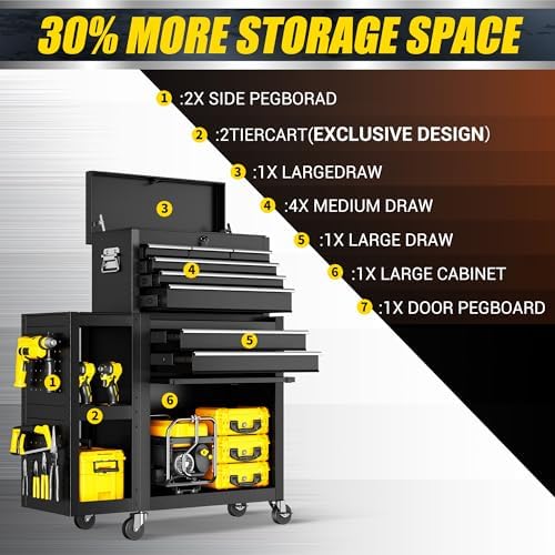 8-Drawer Rolling Tool Chest with Wheels, Lockable 3-in-1 Tool Box, Detachable Top Toolbox & Bottom Storage Cart with Side Hooks, Heavy Duty Steel Tool Cabinet for Garage, Workshop, Warehouse