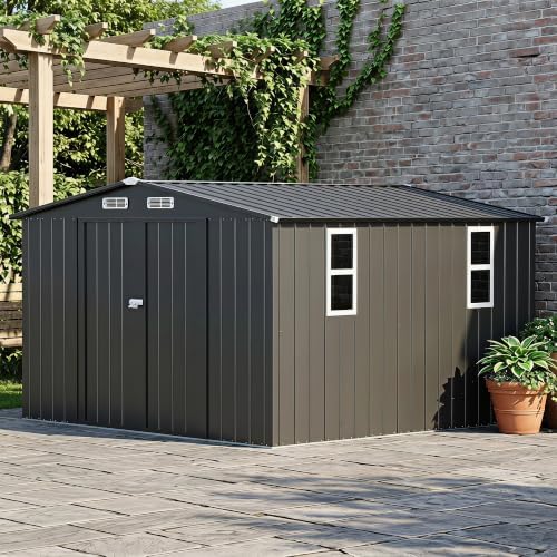 LAUSAINT HOME 10 x 10 FT Outdoor Storage Shed with Windows, Heavy Duty Galvanized Steel Storage Shed with Double Lockable Doors, Gable Roof & Air Vent for Backyard & Patio, Black