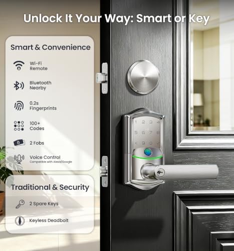 Veise VE029-E WiFi Smart Lever Lock with Non-Keyed Deadbolt, Satin Nickel