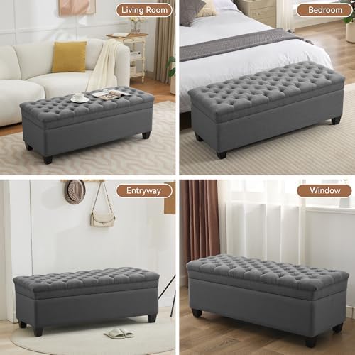 WUTUTUEE 50" Fabric Storage Ottoman Bench, Upholstered Rectangle End of Bed Storage Ottoman Tufted Living Room Bedroom Bench with Safety Hinge, Solid Wood Legs, Loads 500 lb(Dark Grey)