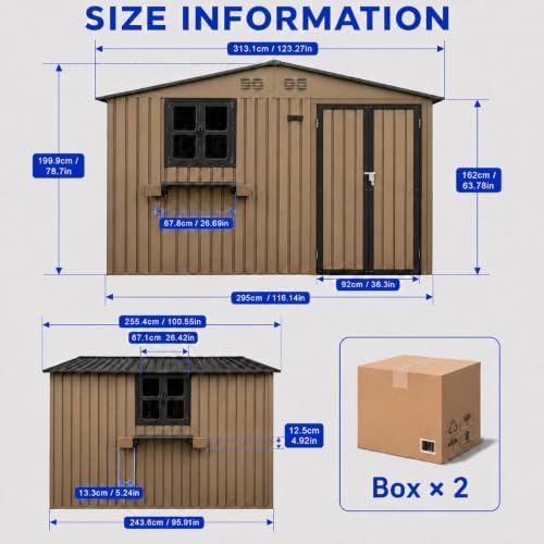 10x8 FT Outdoor Storage Shed with 2 Clear Windows, Metal Garden Shed with Flower Racks & Baskets, Outside Tool Shed with Lockable Double Doors, Waterproof Storage Building for Backyard, Brown