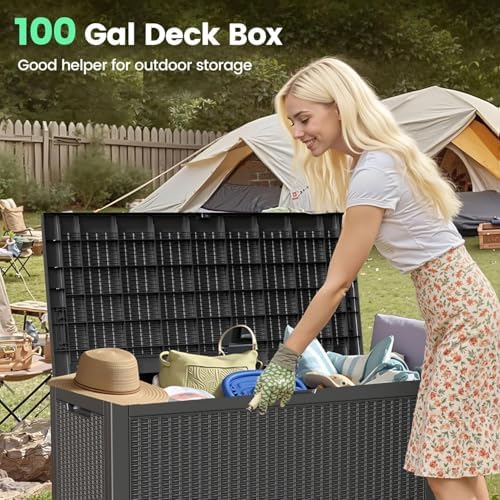 100 Gallon Outdoor Storage Box Waterproof Lockable Deck Box for Patio Black