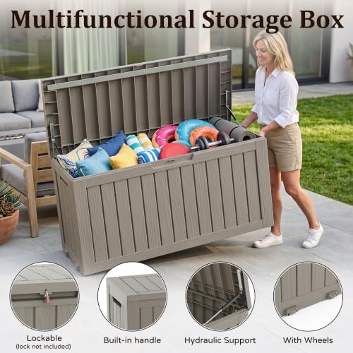 Outdoor Storage Box,130 Gallon Lockable Deck Box with Wheels,Grey