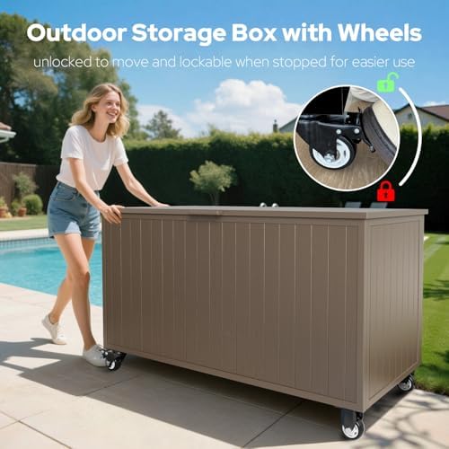 150 Gallon Outdoor Storage Box with Wheels, Metal Deck Boxes,Brown