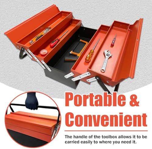 YATOINTO Metal Cantilever Tool Box, 18" * 8" * 8" Fold Out Tool Organizer with 3 Layers & 5 Trays, Portable Storage for Home, Studio, Auto Repair & Factory (Orange)