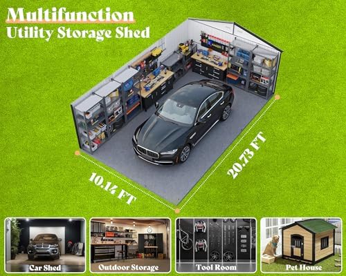 AMERLIFE 10x21x7.3 FT Metal Garage Shed with Double Hinged Doors, 4 Windows