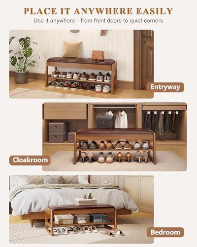 Shoe Rack Bench with Hidden Storage, 2‑Tier Solid Rubberwood Entryway Bench