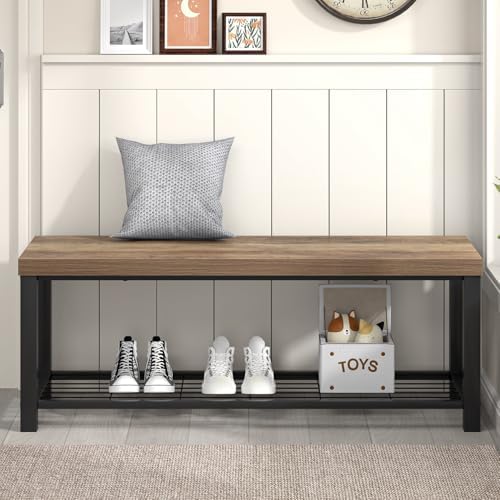 FOLUBAN Entryway Bench, Industrial Wood and Metal Storage Bench with Metal Shelf, Indoor Shoe Rack Bench Seat for Living Room, Bedroom, Hallway, Entrance, Rustic Oak, 47 Inch