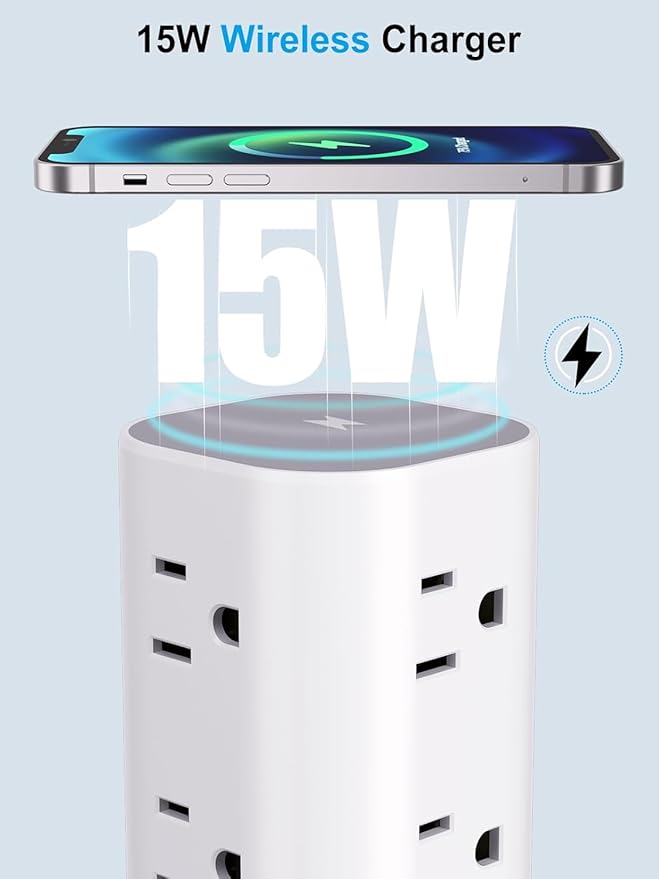 Power Strip Tower with Wireless Charger, Flat Plug Surge Protector Tower with