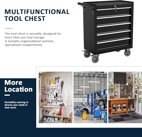 5-Drawer Metal Rolling Tool Chest with Wheels,Tool Storage Cabinet with Locking System，Toolbox with Wheels for Garage, Warehouse, Workshop, Repair Shop (Black, 5Drawer)