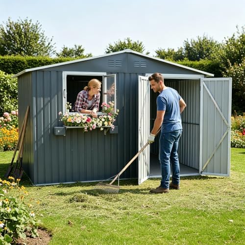10x8 FT Outdoor Storage Shed with 2 Clear Windows, Metal Garden Shed with Flower Racks & Baskets, Outside Tool Shed with Lockable Double Doors, Waterproof Storage Building for Backyard, Coal Gray