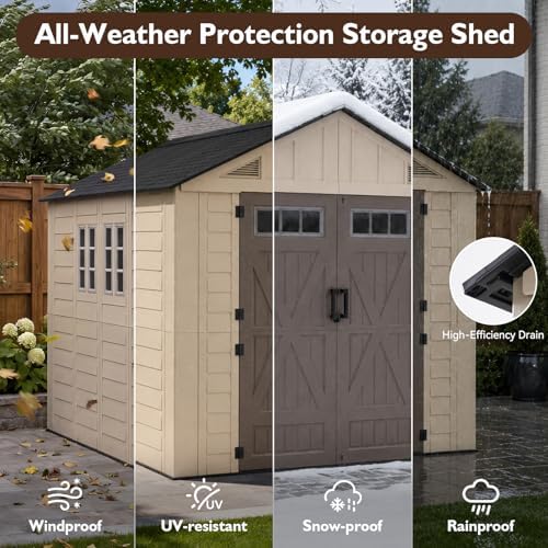 LazySunsets 8x10 Ft Outdoor Storage Shed with Light, Large Resin Outdoor Shed with Floor Included, 3 Windows & Lockable Door, Garden Plastic Storage Sheds for Bike, Lawn Tools, Garbage Can