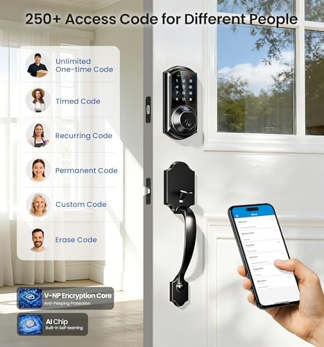 Veise VE07-H Fingerprint Smart Lock for Front Door Handle Set, Matte Black