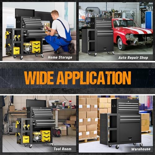8-Drawer Rolling Tool Chest,3-in-1 Tool Box on Wheels with Lockable Steel Cabinet, Detachable Top Toolbox & Bottom Storage Cart with Additional Cabinet for Repair Room,Warehouse, Black New