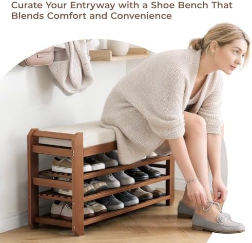 27.6" Shoe Rack Bench with Coat Rack, 3-Tier Entryway Storage Bench