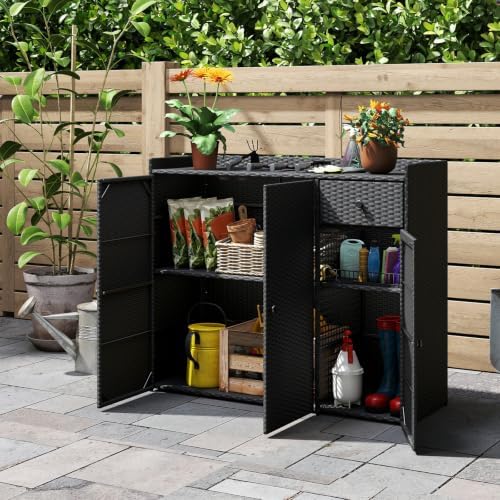Tangkula Rattan Outdoor Storage Cabinet with 2 Adjustable Shelves