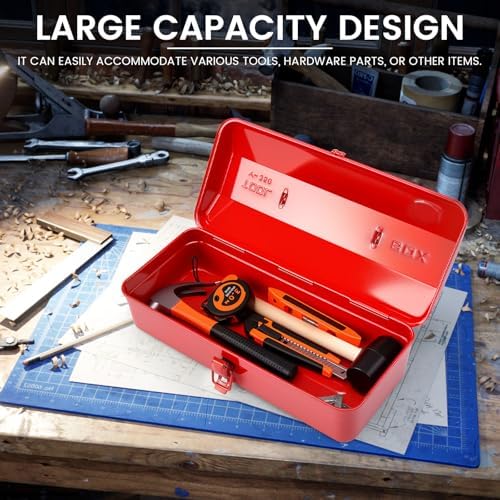 Large Metal Tool Storage Box with Handle for Workshop,15 inches Portable Tool Case with Lid，Locking Organiser Box for Hardware Part(red)