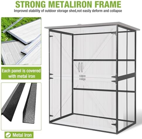 GUTINNEEN Outdoor Storage Shed with Metal Frame,Wooden Tool Cabinet with Adjustable Shelfs, House Garden Shed for Backyard Garden Patio Lawn