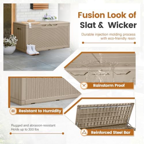 Greesum 100 Gallon Resin Patio Storage Box for Garden Tools, Coffee
