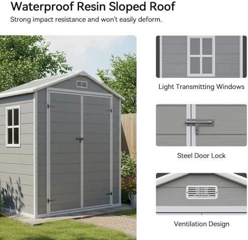 Aoxun 6x4 FT Outdoor Storage Shed, Resin Shed with Suction Light, Gray