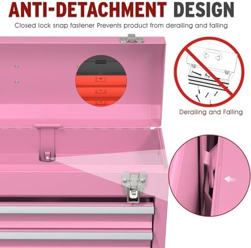 3 Drawers small Tool Box, Portable 3 Drawer Steel Tool Box with Locking System toolbox organization with Liner for Tools Storage (Pink)