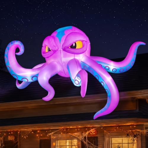 JOYIN 10FT Long Halloween Inflatable Rooftop Octopus Decoration with Built-in LED Lights, Self-Inflating Blow Up Octopus for Outdoor Yard Lawn Garden House Patio Porch, Spooky Glowing Halloween Decor