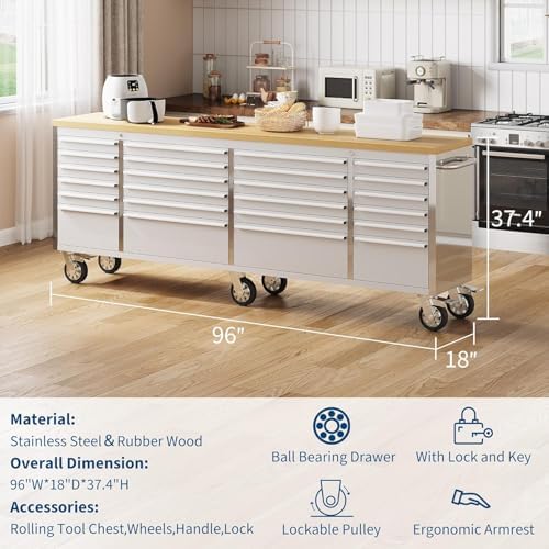 Rolling Tool Chest with Power Strip & Rubber Wood Top - 96 Inch Garage Workbench, Drawer Storage Cabinet Tool Box, Mobile Workstation