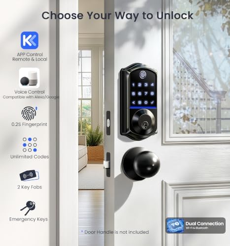 Veise VE017G WiFi Smart Keyless Entry Lock for Front Door, Matte Black