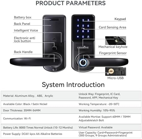 Smart Fingerprint Lock with Lever Handle, Keypad Touchscreen Keyless Entry Front Door Knob, APP Control Biometric Electronic Digital Deadbolt Set