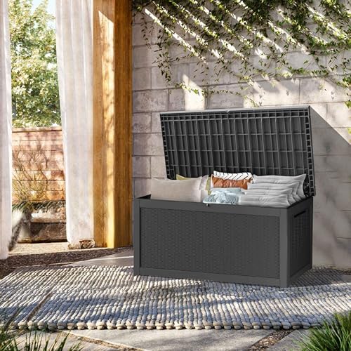 Outdoor Storage Box, 320 Gallon Waterproof Deck Box, Dual Gas-Spring Ultimate Resin Organizer for King Cushions, Heavy-Duty Lockable Estate Storage Bench, Backyard BBQ, Black