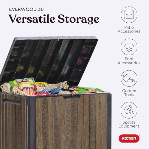 Keter Premium Everwood 30 Gal Outdoor Storage Box and Patio Side Table
