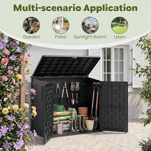 LHBcraft 36 Cu Ft Outdoor Storage Cabinet, Horizontal Resin Storage Shed Box for Backyards, Patios, Portable Waterproof Outdoor Storage Box with Lockable Doors
