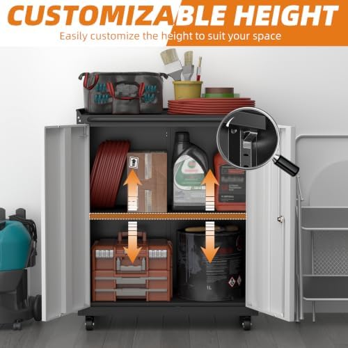 32''H Metal Garage Storage Cabinet with Wheels, Tool Storage Cabinets with Lock, Lockable Steel Rolling Tool Chest with Doors & Adjustable Shelves for Garage, Home, Office