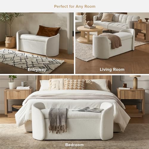 mopio Sophie 51" Ottoman Storage Bench, Entryway and Window Seating, End of Bed Curved Stool for King & Queen Bed, Storage Chest for Bedroom (Pearl White Boucle)