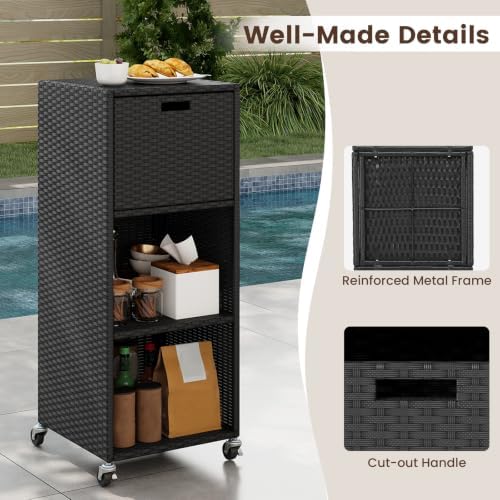 Tangkula Rattan Outdoor Storage Cabinet with 4 Wheels, Black