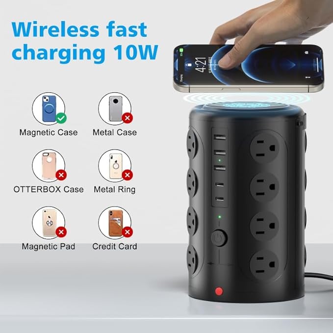 Tower Power Strip with 15W Wireless Charger, 15FT Extension Cord with Multiple