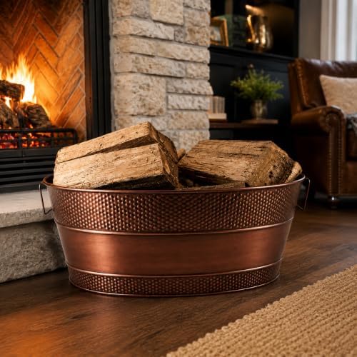 BREKX Copper Galvanized Firewood Storage Bin with Handles, 25-Qt