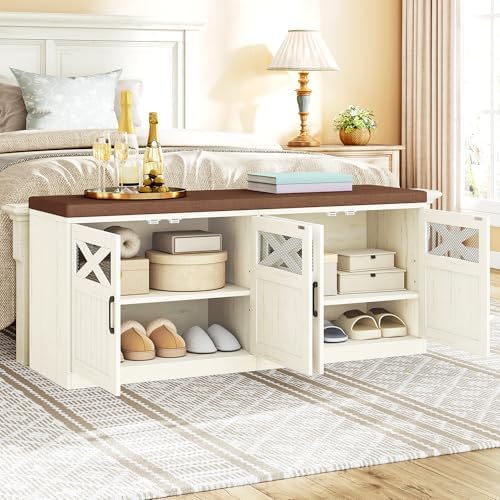 Hzuaneri 47.2" Shoe Storage Bench with 4 Barn Doors & Padded Seat Cushion