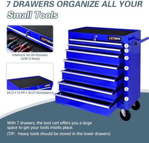 7 Drawers Rolling Tool Chest on Wheels, Multifunctional Tool Cart Tool Storage, Drawers Rolling Tool Trolley Organizer Tool Case for Garage,Warehouse,Workshop,Repair Shop (7 Drawers-Blue)