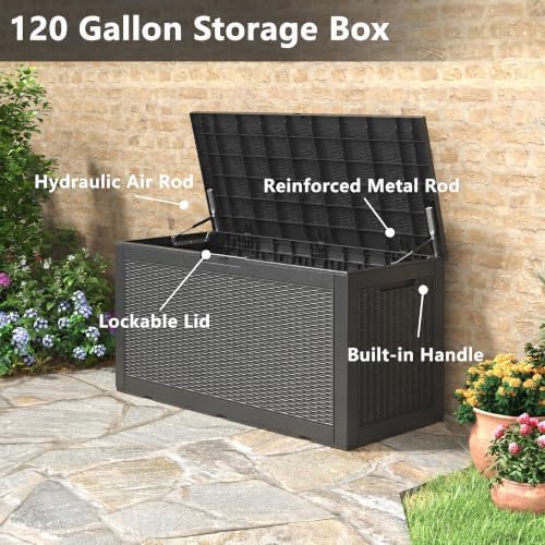 120 Gal Outdoor Storage Box Waterproof Lockable,Deck Box,Gas Lift,Black