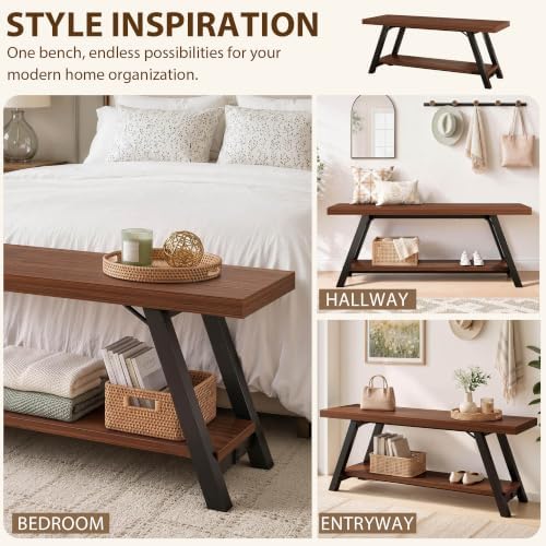 LVB Industrial Entryway Bench with Storage, Wood and Metal Bedroom Bench
