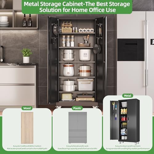 Reemoon 5 Adjustable 170 lb Shelves, Lockable Doors, Door pegboard and 4 Removable casters for Garage, Utility Storage.